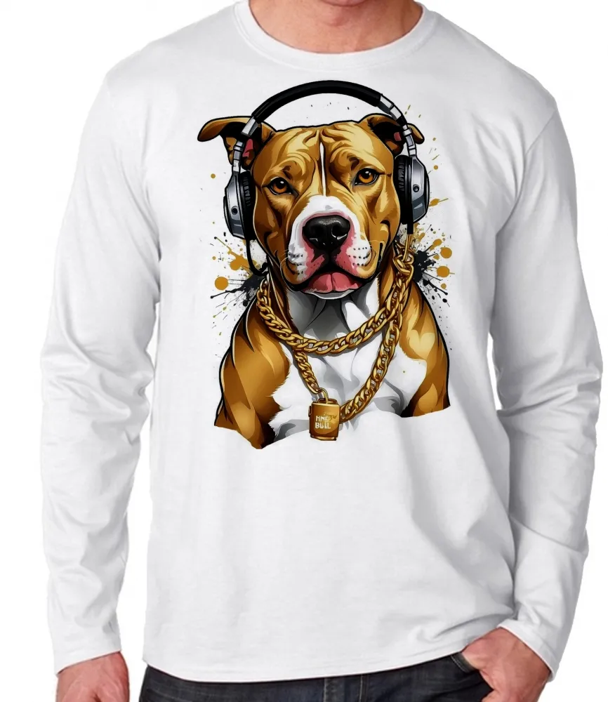 Camiseta manga longa Infantil ou Adulto Pitt bull cachorro corrente dourada Imagem