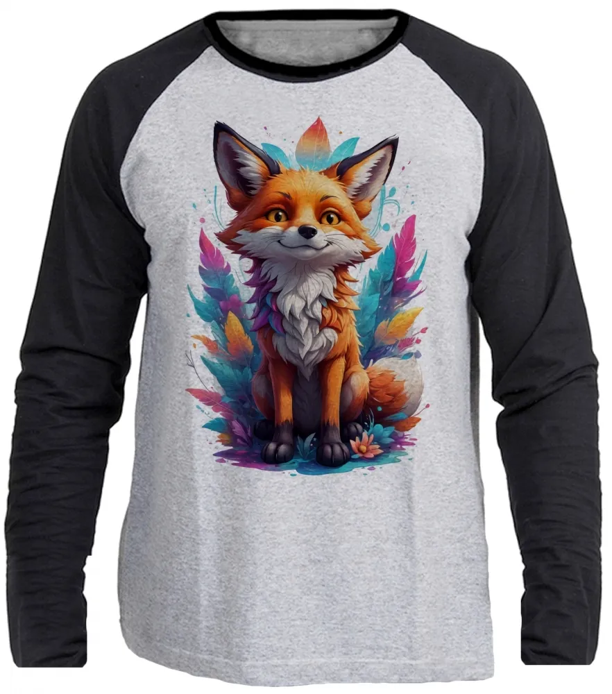 Camiseta manga longa Infantil ou Adulto Raposa fox colorida Imagem