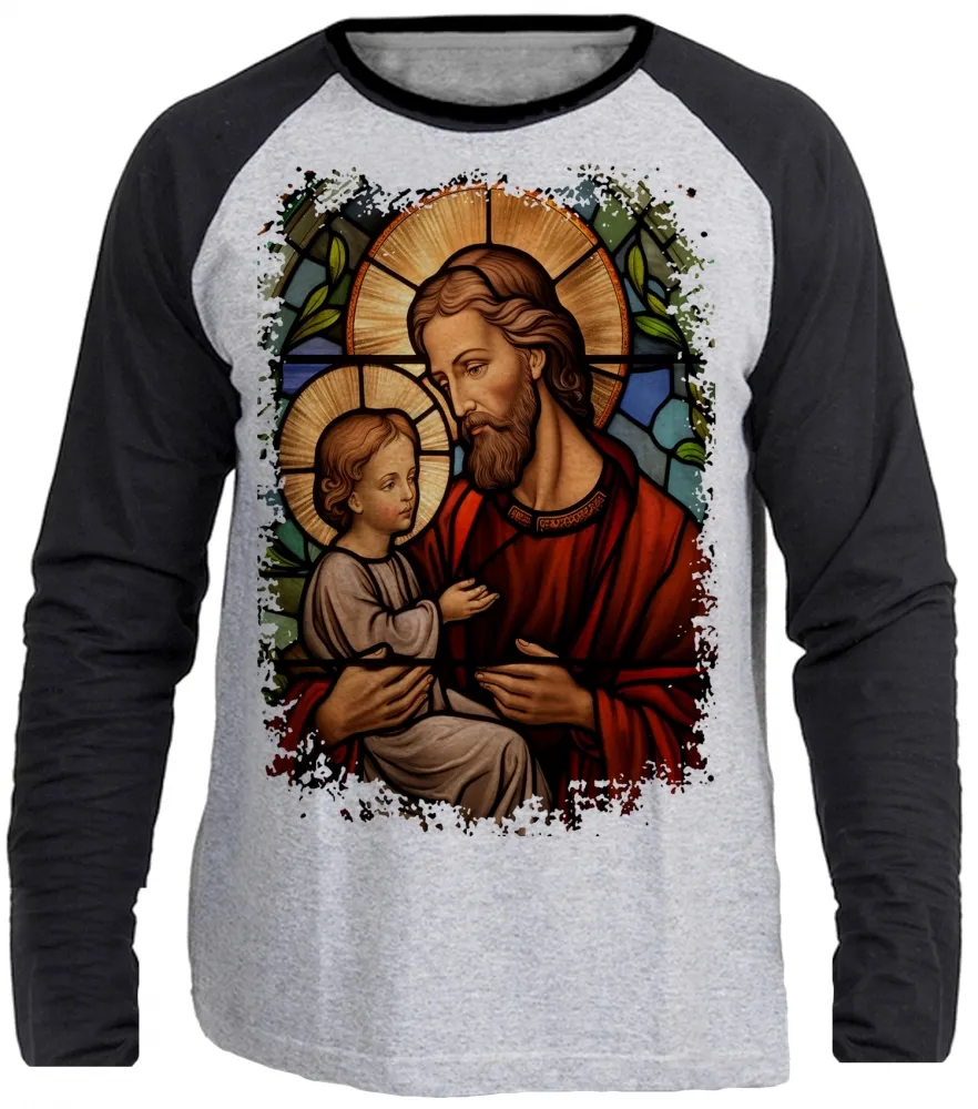 Camiseta manga longa Infantil ou Adulto São Jose Jesus Vitral Imagem