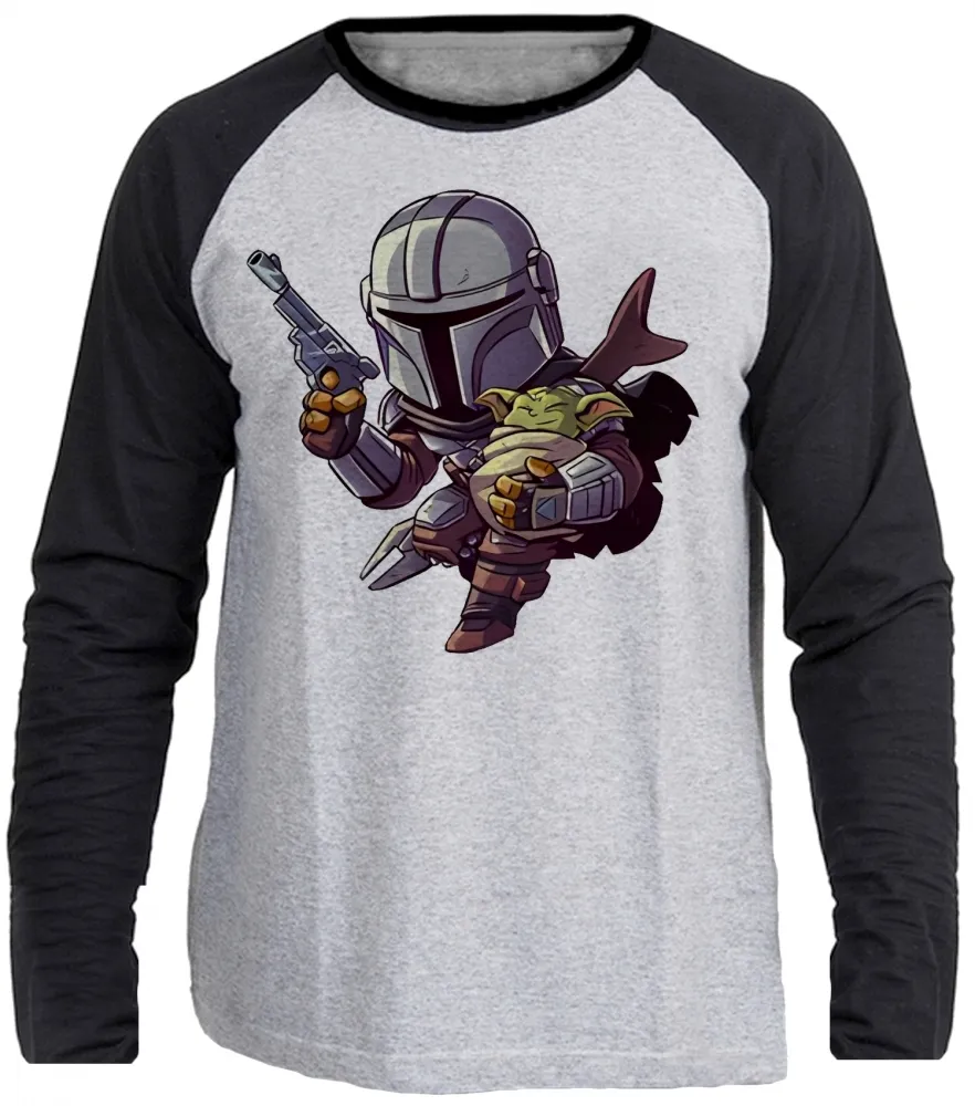 Camiseta manga longa Infantil ou Adulto Mandalorian e baby grogu yoda