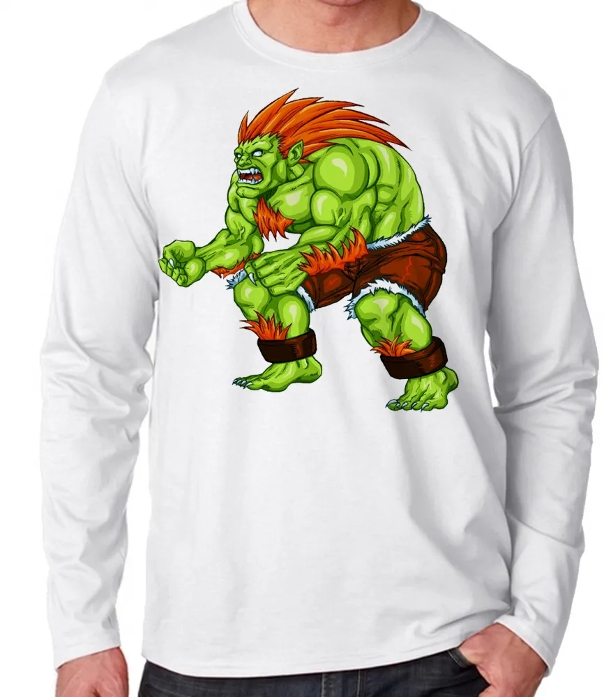 Camiseta manga longa Infantil ou Adulto Blanka Street Fighter Brasil jogo antigo Imagem