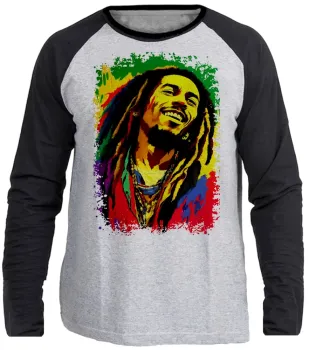 Camiseta manga longa Infantil ou Adulto Bob Marley colorido reggae