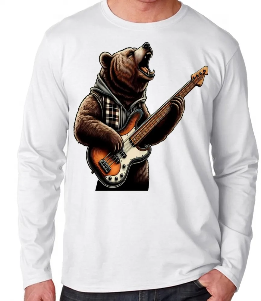 Camiseta manga longa Infantil ou Adulto contra baixo urso rock bear