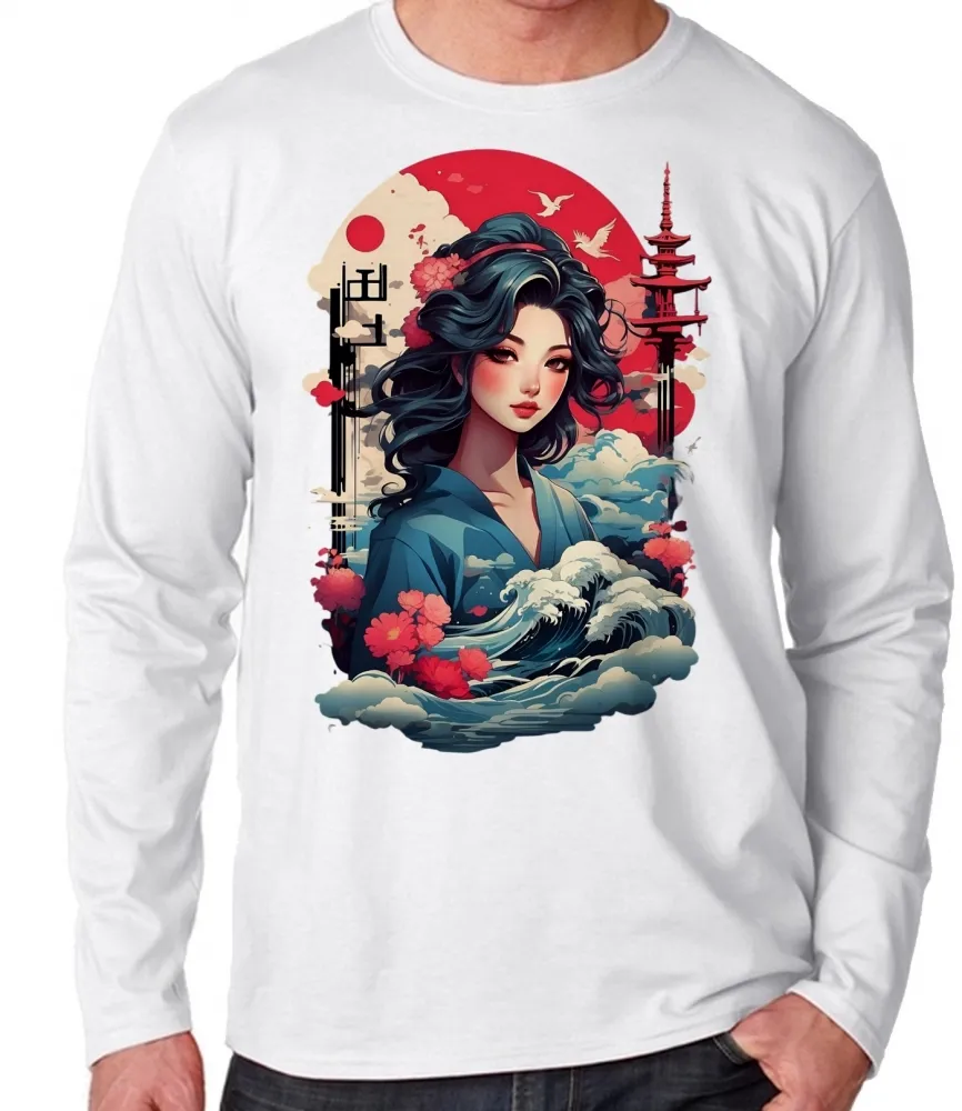 Camiseta manga longa Infantil ou Adulto Japonesa Japão gueixa mulher artista