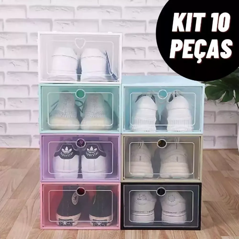 Kit Caixas Organizadoras Para Tênis Sapatos Multiuso Empilhável Tampa Flip Feminino Masculino Imagem