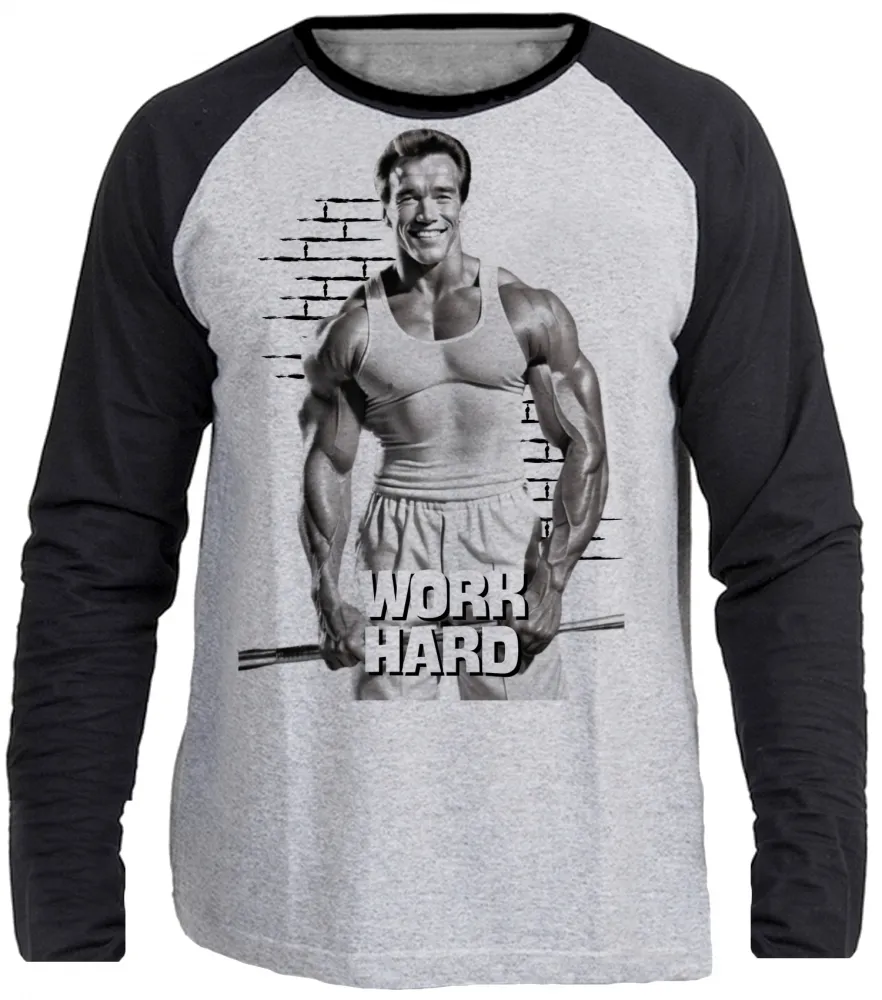 Camiseta manga longa Infantil ou Adulto arnold work hard croos fit academia maromba Imagem