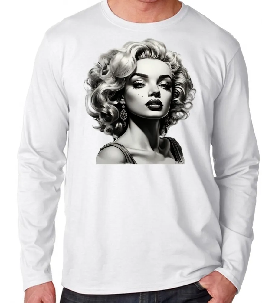 Camiseta manga longa Infantil ou Adulto marilyn monroe preto e branco Imagem