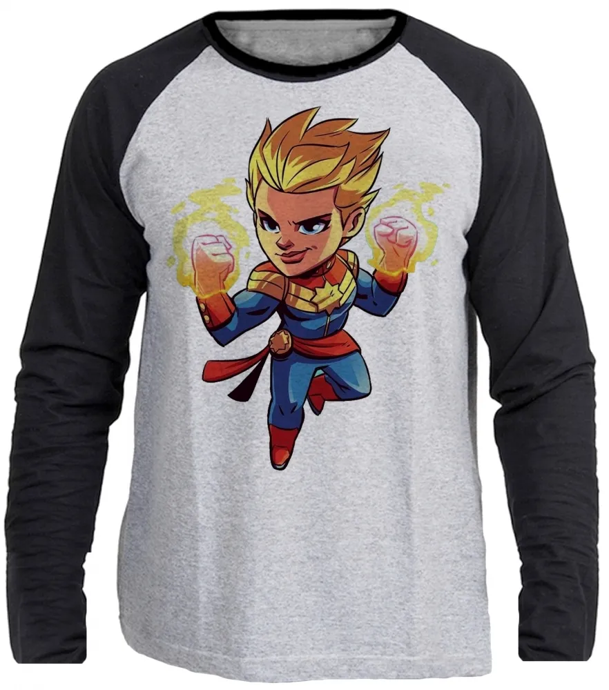 Camiseta manga longa Infantil ou Adulto Capitã Marvel heroi vingadores