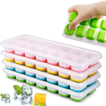 Kit 4 Forma Com Tampa Gelo Ice Flexivel Forminha Fundo Silicone 14 Cubos Alimentos Frutas Papinha