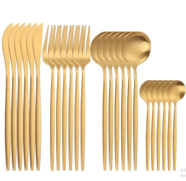 KIT 24 Jogo de talheres Dourado Aço Inoxidável Facas Garfos e Colheres Na Cozinha Talheres kit talheres Imagem