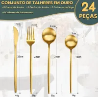 KIT 24 Jogo de talheres Dourado Aço Inoxidável Facas Garfos e Colheres Na Cozinha Talheres kit talheres - Foto 5