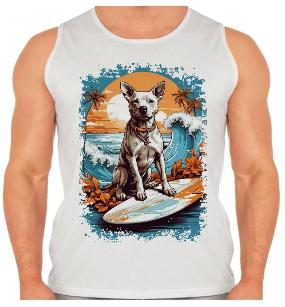 Camiseta Regata adulto ou infantil cachorro pit bull praia surf Imagem