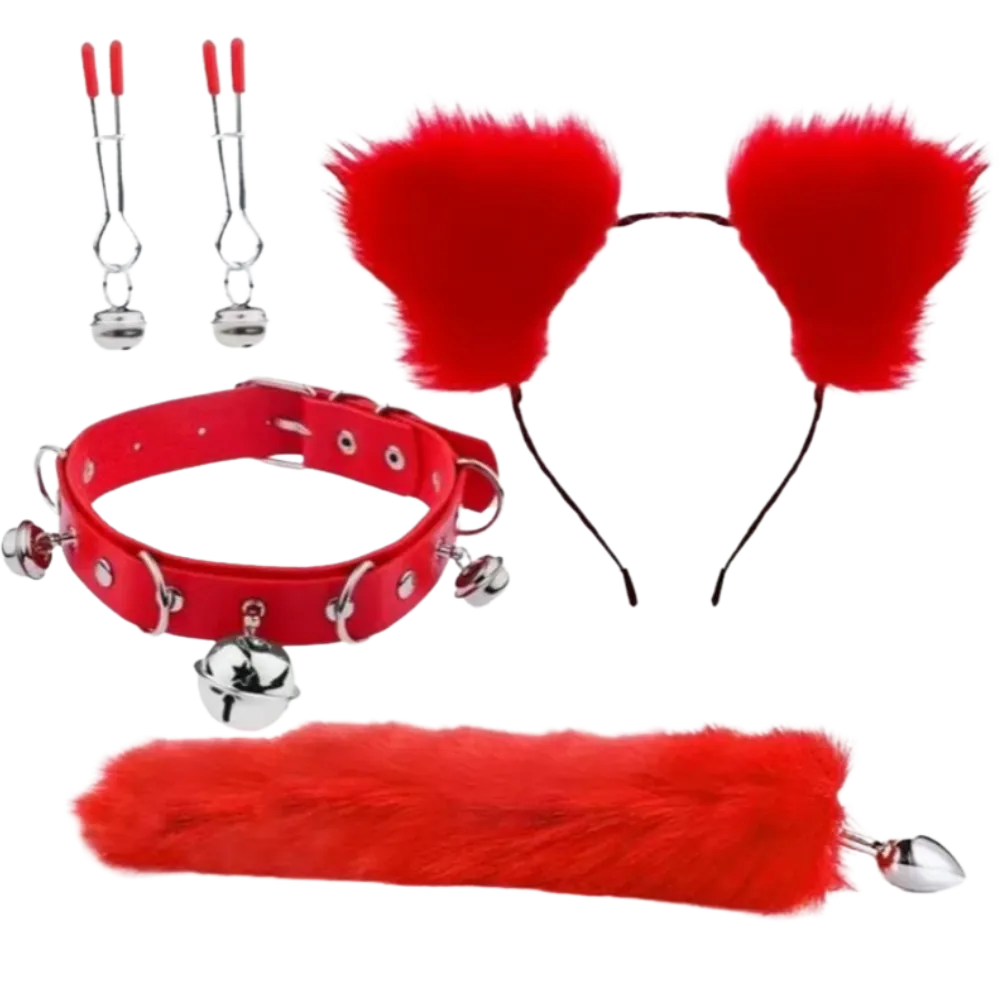 Kit Fox 4x1 Tiara+ Plug com calda + Prendedor de mamilo + coleira