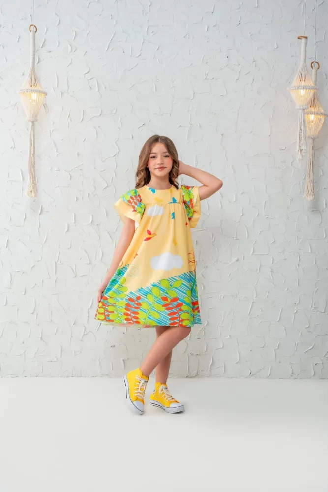 Vestido Lili Borboletas e Passarinhos Amarelo