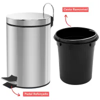 Lixeira Inox Banheiro 12 Litros Cozinha Cesto de Lixo Pedal Tampa - Foto 2