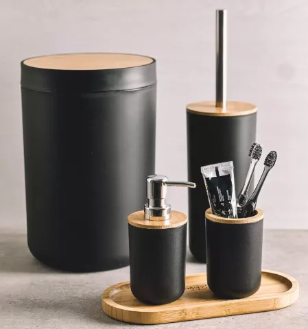 Kit De Banheiro Lixeira Saboneteira Preto Com Bambu 4 Peças Imagem