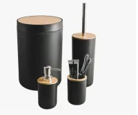 Kit De Banheiro Lixeira Saboneteira Preto Com Bambu 4 Peças - Foto 2