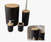 Kit De Banheiro Lixeira Saboneteira Preto Com Bambu 4 Peças - Foto 3