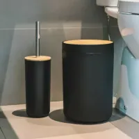 Kit De Banheiro Lixeira Saboneteira Preto Com Bambu 4 Peças - Foto 5
