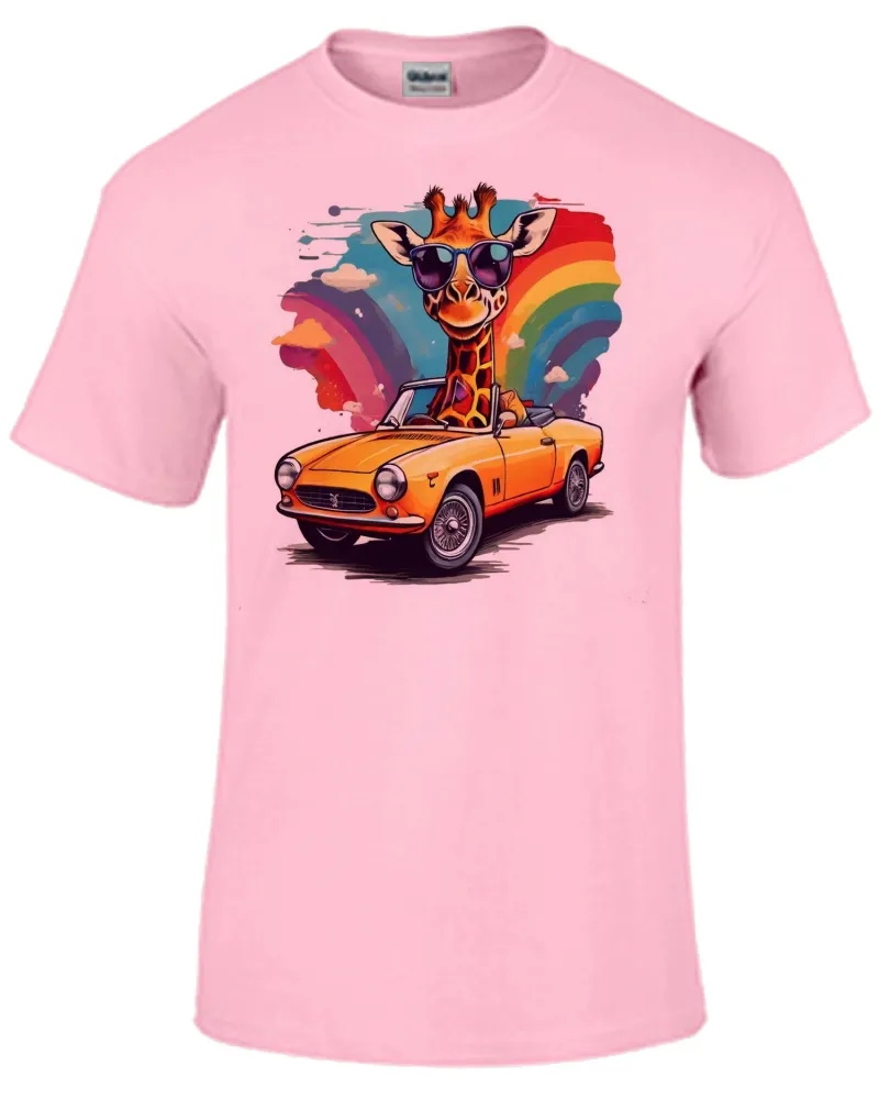 Baby look blusa feminina ou Camiseta Girafa colorida carro antigo