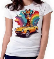 Baby look blusa feminina ou Camiseta Girafa colorida carro antigo - Foto 3