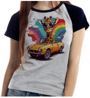 Baby look blusa feminina ou Camiseta Girafa colorida carro antigo - Foto 4