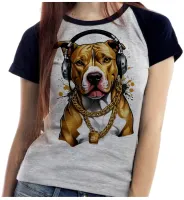 Baby look blusa feminina ou Camiseta Pitt bull cachorro corrente dourada - Foto 4