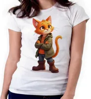 Baby look blusa feminina ou Camiseta Gato de botas colorido - Foto 3