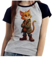 Baby look blusa feminina ou Camiseta Gato de botas colorido - Foto 4