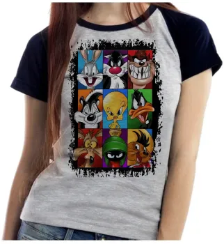 Baby look blusa feminina ou Camiseta Pernalonga frajola taz mania piu piu patolino coiote marvin marciano ligeirinho pepe le pew - Foto 2