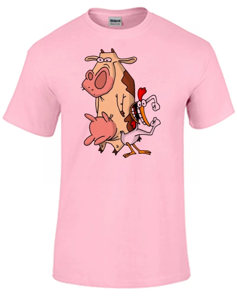 Baby look blusa feminina ou Camiseta Vaca eo frango desenho antigo