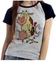 Baby look blusa feminina ou Camiseta Vaca eo frango desenho antigo - Foto 3