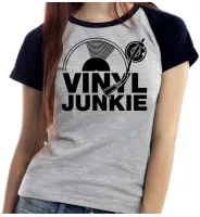 Baby look blusa feminina ou Camiseta Dj musica vinil Junkie Hip Hop Dance Trance - Foto 4