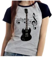 Baby look blusa feminina ou Camiseta Guitarra preta black musica - Foto 4