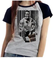 Baby look blusa feminina ou Camiseta arnold schwarzenegger ator work hard croos fit academia maromba - Foto 3
