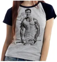 Baby look blusa feminina ou Camiseta arnold schwarzenegger work hard croos fit academia maromba - Foto 3