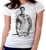 Baby look blusa feminina ou Camiseta arnold schwarzenegger work hard croos fit academia maromba - Foto 4