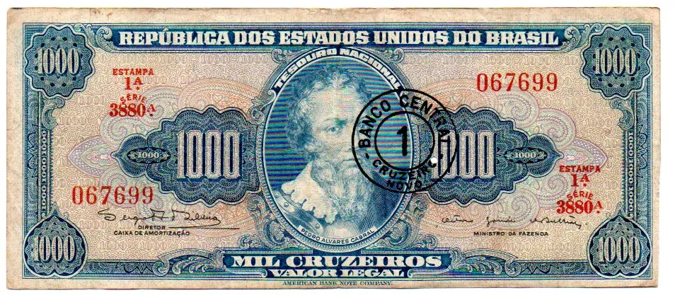 C120 - 1 Cruzeiro Novo (Sobre 1000 Cruzeiros) - 1° Estampa - Série 3880 - Pedro Alvares Cabral - Data:1967 - R - C/ Furo