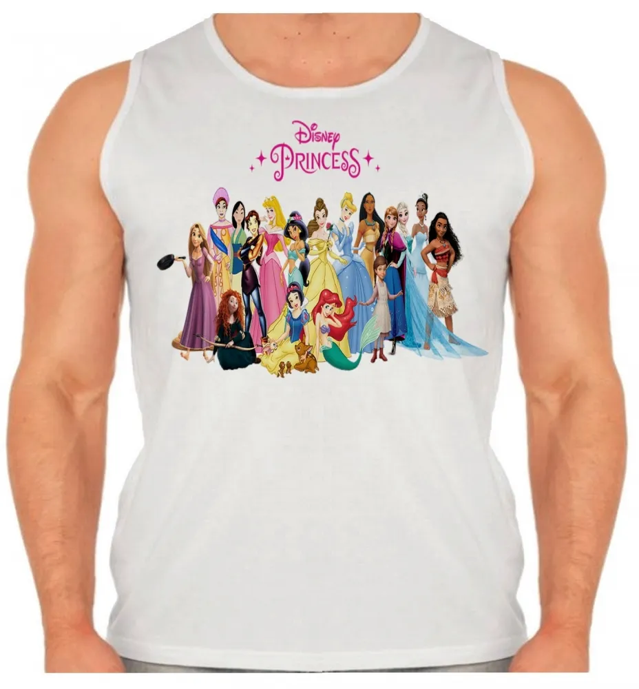Camiseta Regata adulto ou infantil princesas disney rapunzel frozen branca neve anna mulan moana jasmine bela adormecida Cinderela Aurora Ariel Bela Pocahontas Tiana Mérida Imagem