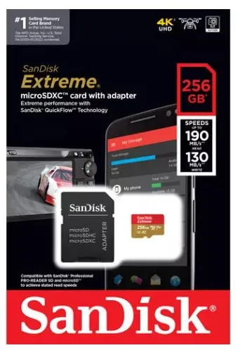 Cartão de Memória Micro SD Sandisk Extreme 256GB 190MBs - SDSQXAV-256G-GN6MA