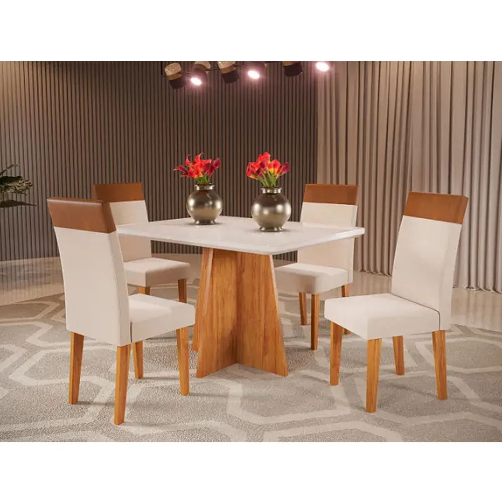 Mesa de Jantar Turim com vidro e canto arredondado 1.20 x 80 + 4 cadeiras em bege linho Imagem