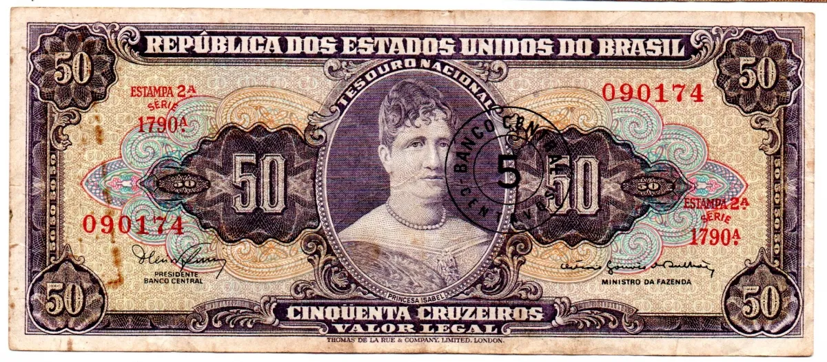C116 - 5 Centavos (Carimbo sob 50 Cruzeiros) - 2° Estampa - Série Aleatória - Princesa Isabel - Data: 1967 - Estado de Conservação : Muito Bem Conservada (MBC)
