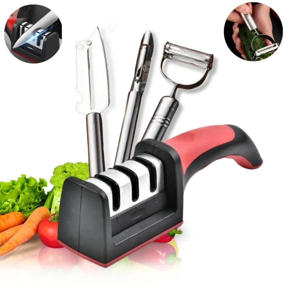 Kit 3 Descascadores Inox Legumes E Amolador Faca Afiador Profissional com cabo 3 EM 1 Imagem