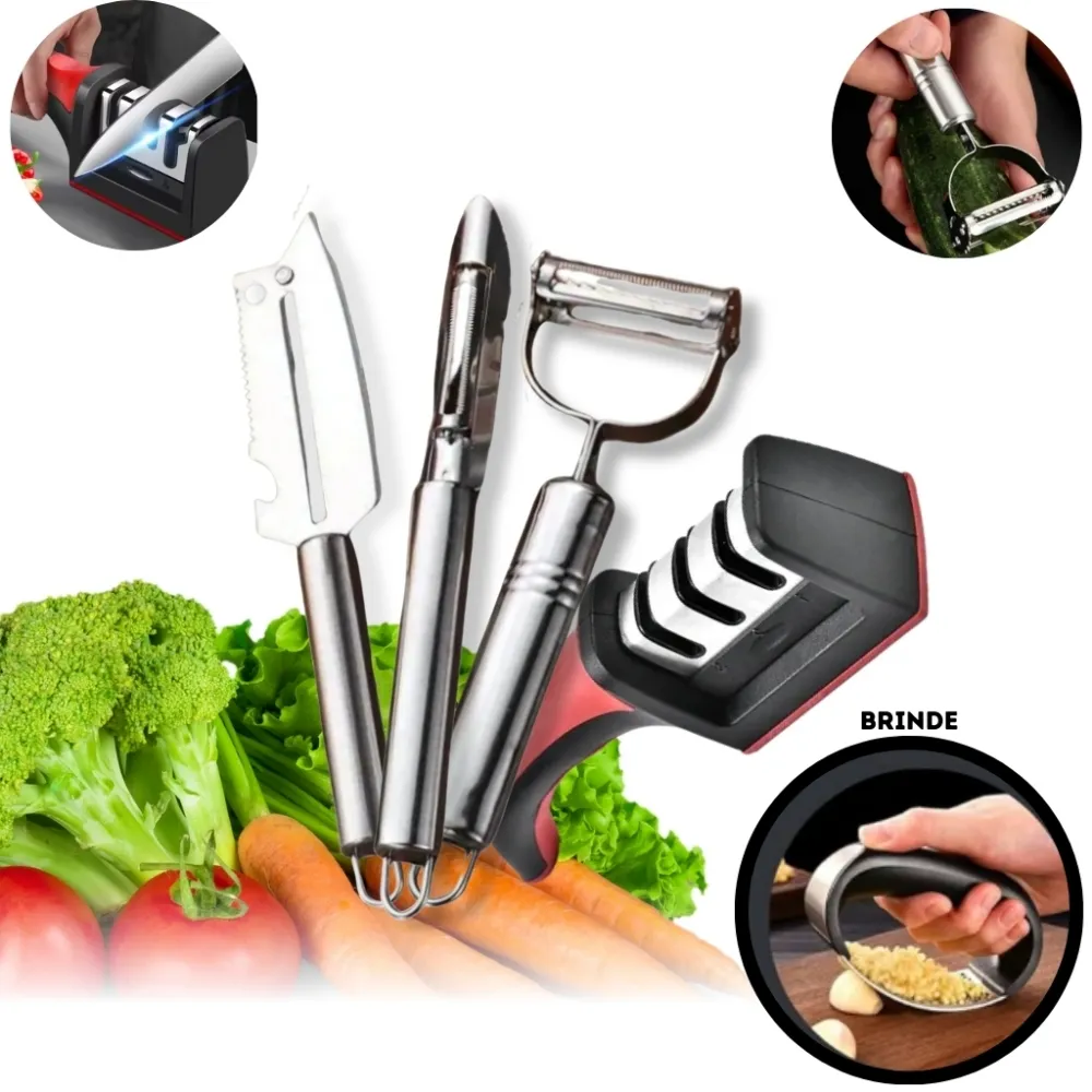 Kit 3 Descascadores Inox Legumes E Amolador Faca Afiador Profissional com cabo 3 EM 1 BRINDE