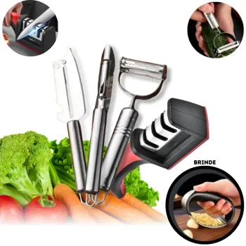 Kit 3 Descascadores Inox Legumes E Amolador Faca Afiador Profissional com cabo 3 EM 1 BRINDE