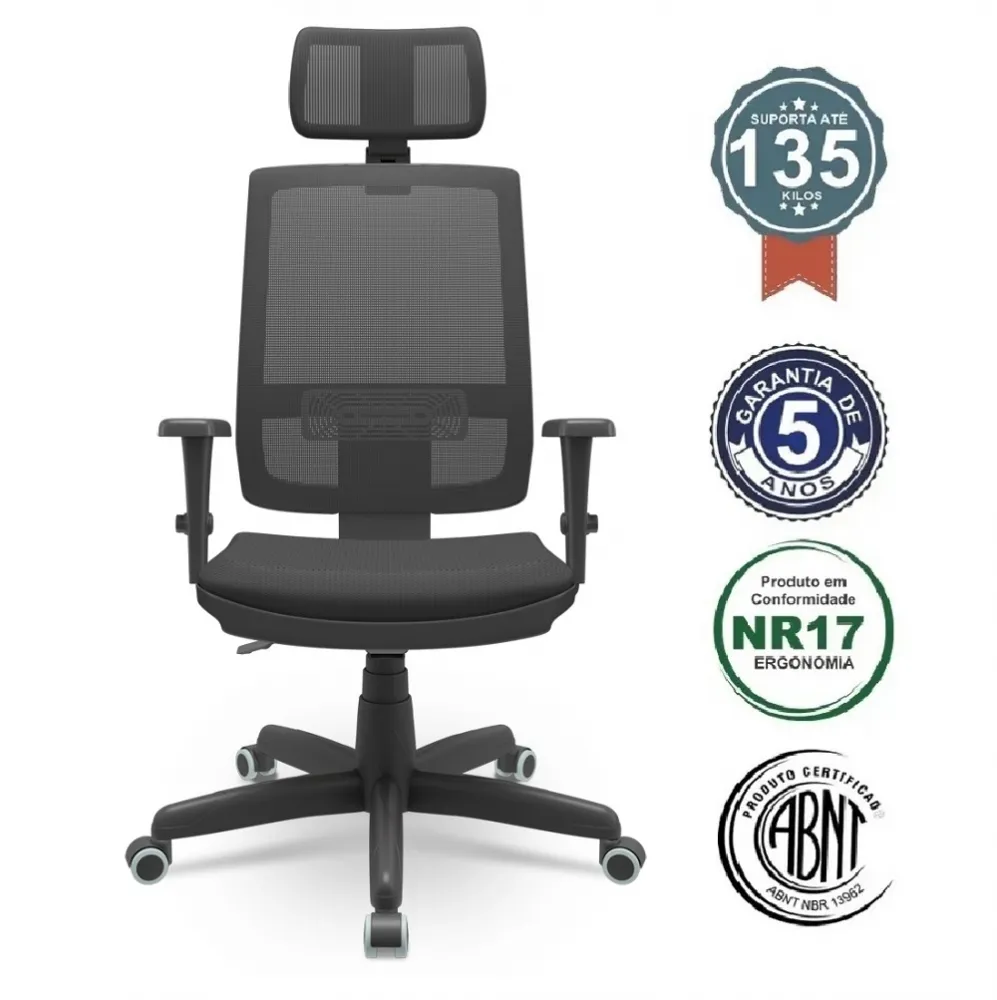  Cadeira Multiregulável NR17 Brizza Tela Cor Preta Encosto Regulável com Base Giratória com Braços Reguláveis e Apoio de Cabeça