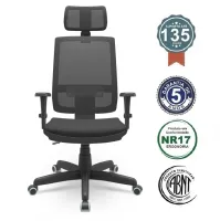  Cadeira Multiregulável NR17 Brizza Tela Cor Preta Encosto Regulável com Base Giratória com Braços Reguláveis e Apoio de Cabeça