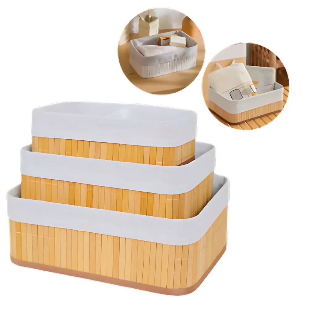 Kit 3 Cestos Organizador De Bambu Multiuso Com Forro