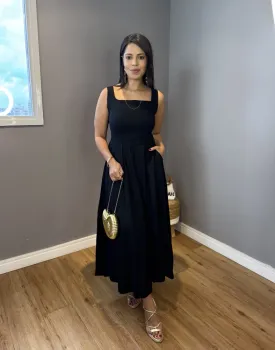 VESTIDO MIDI LINHO EVASÊ - PRETO