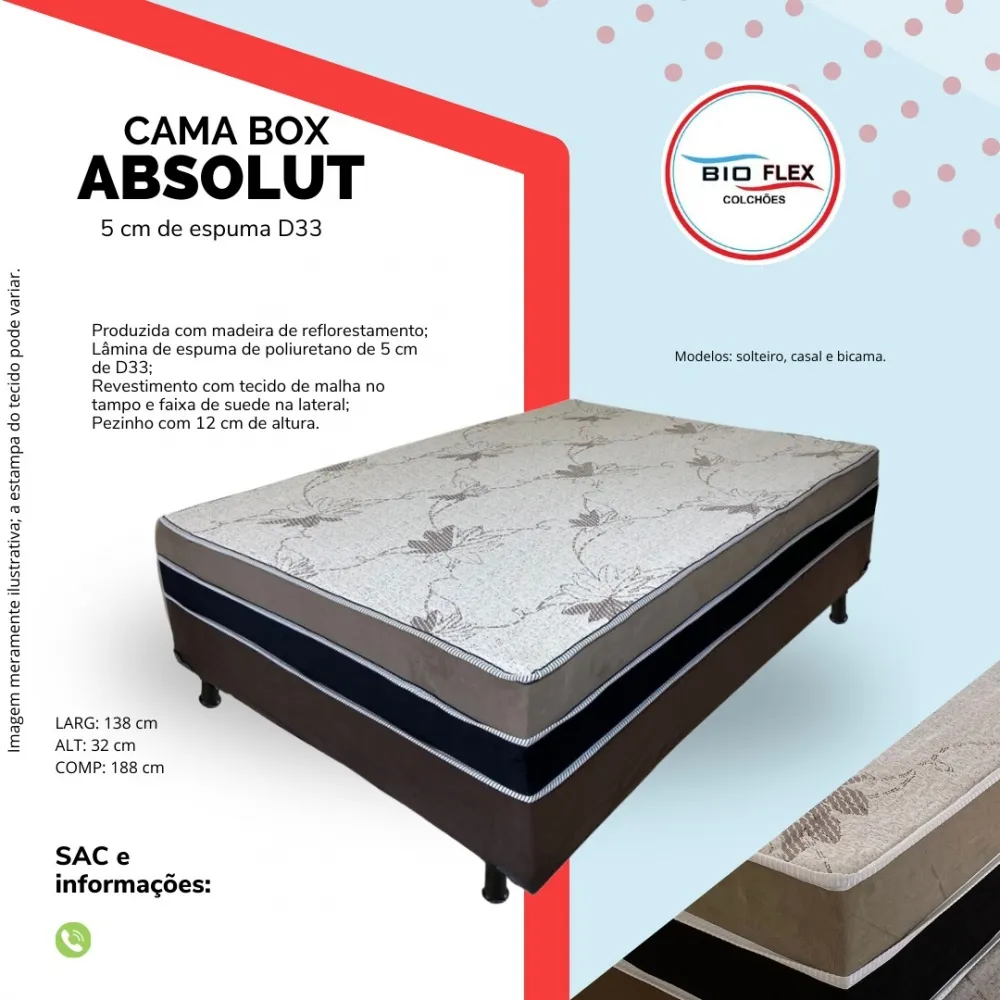 Cama Box  casal Espuma D33 5 cm Absolute  1,38x1,88 Imagem